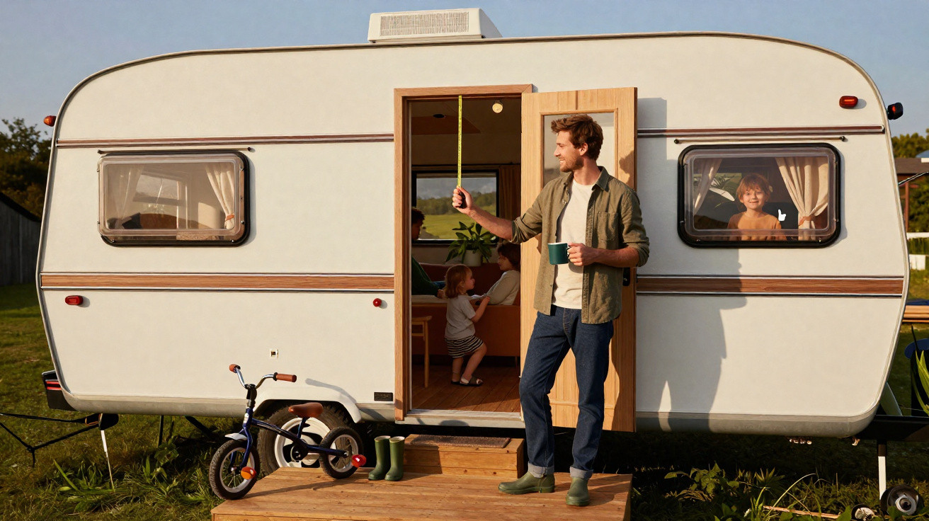Man holding a mug and measuring tape outside a caravan with children inside and a bike nearby on a wooden deck.