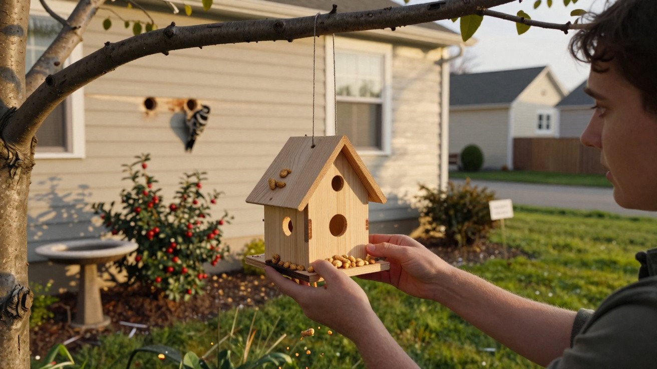 Person installing a wooden bird feeder filled with peanuts on a tree branch in a garden.