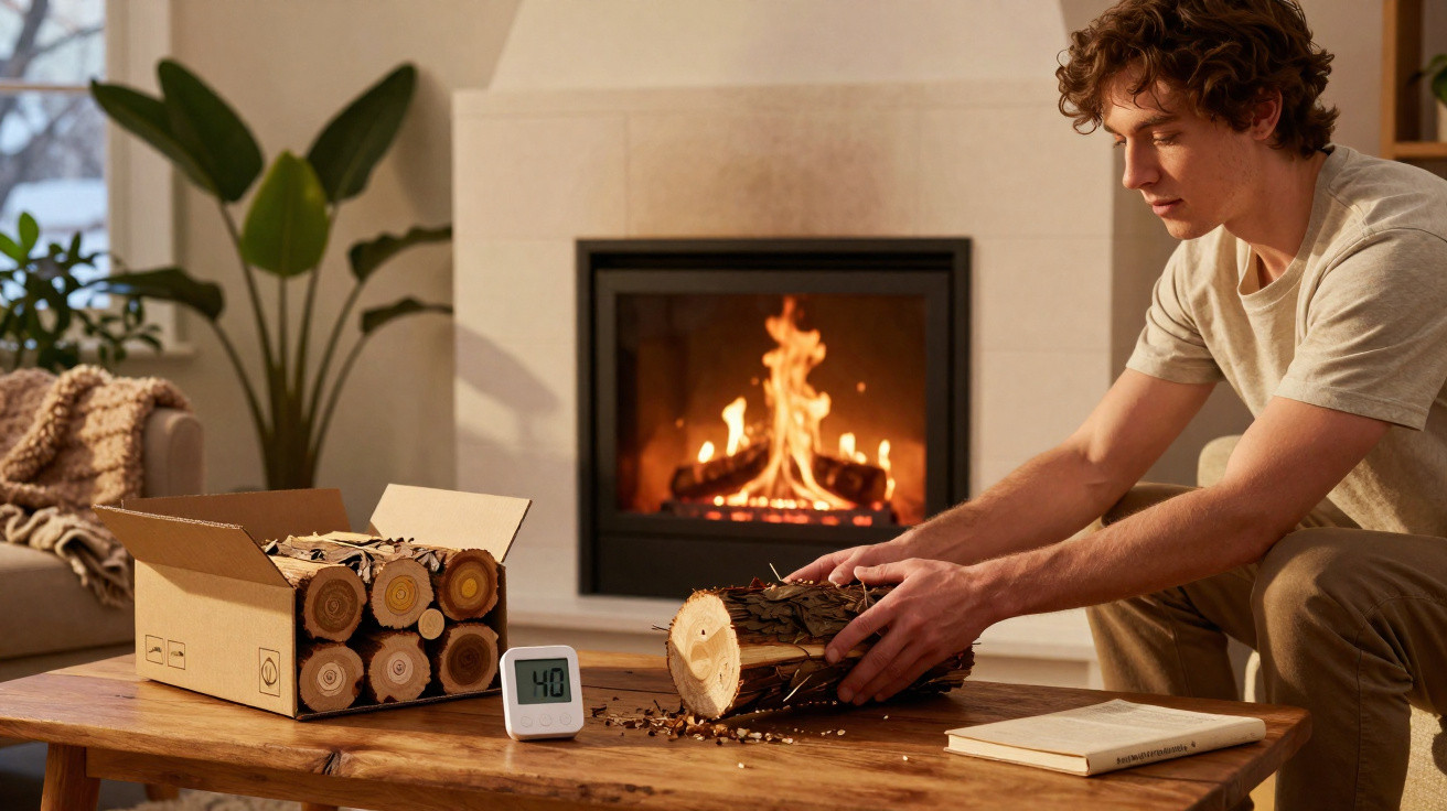 Young man stacking firewood on a table in front of a lit fireplace in a cosy living room.