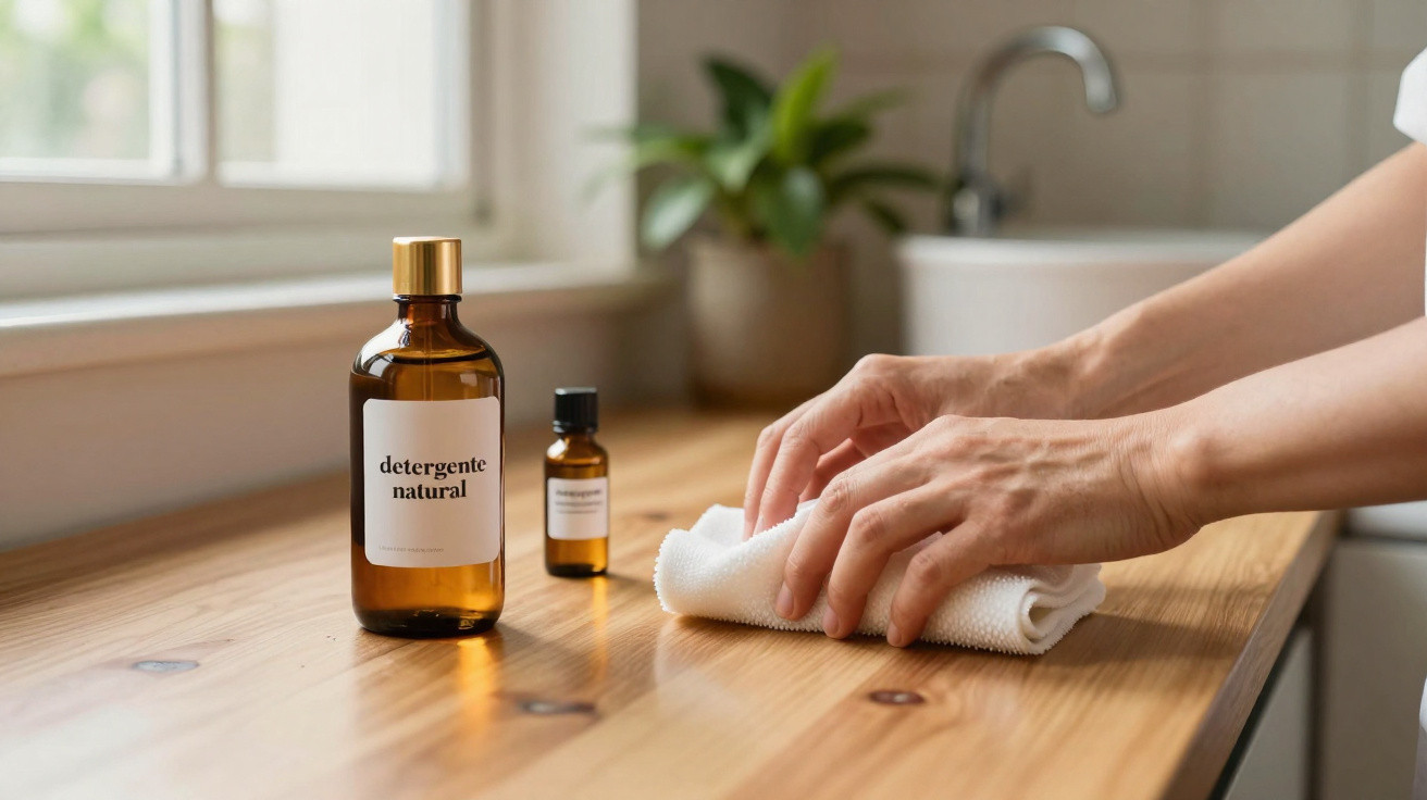 Hands wiping a wooden surface with a white cloth next to brown bottles labelled natural detergent and essential oil.