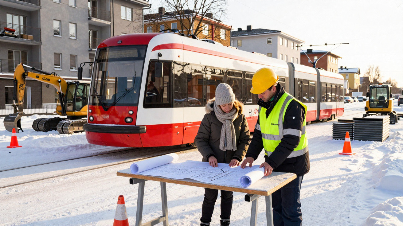 Two construction workers reviewing blueprints beside a tram on snowy train tracks in an urban area.