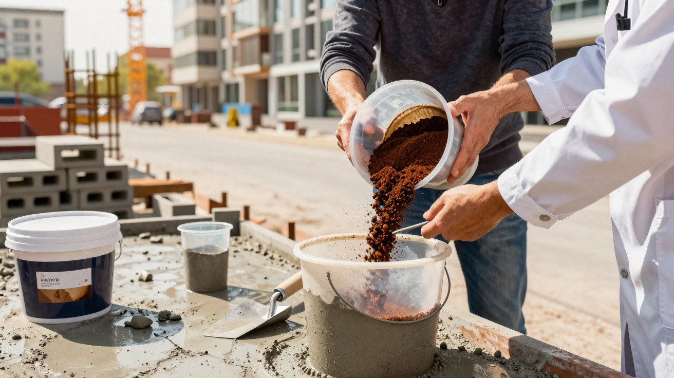 Two people mixing soil or construction material in a plastic bucket on a worksite bench outdoors.