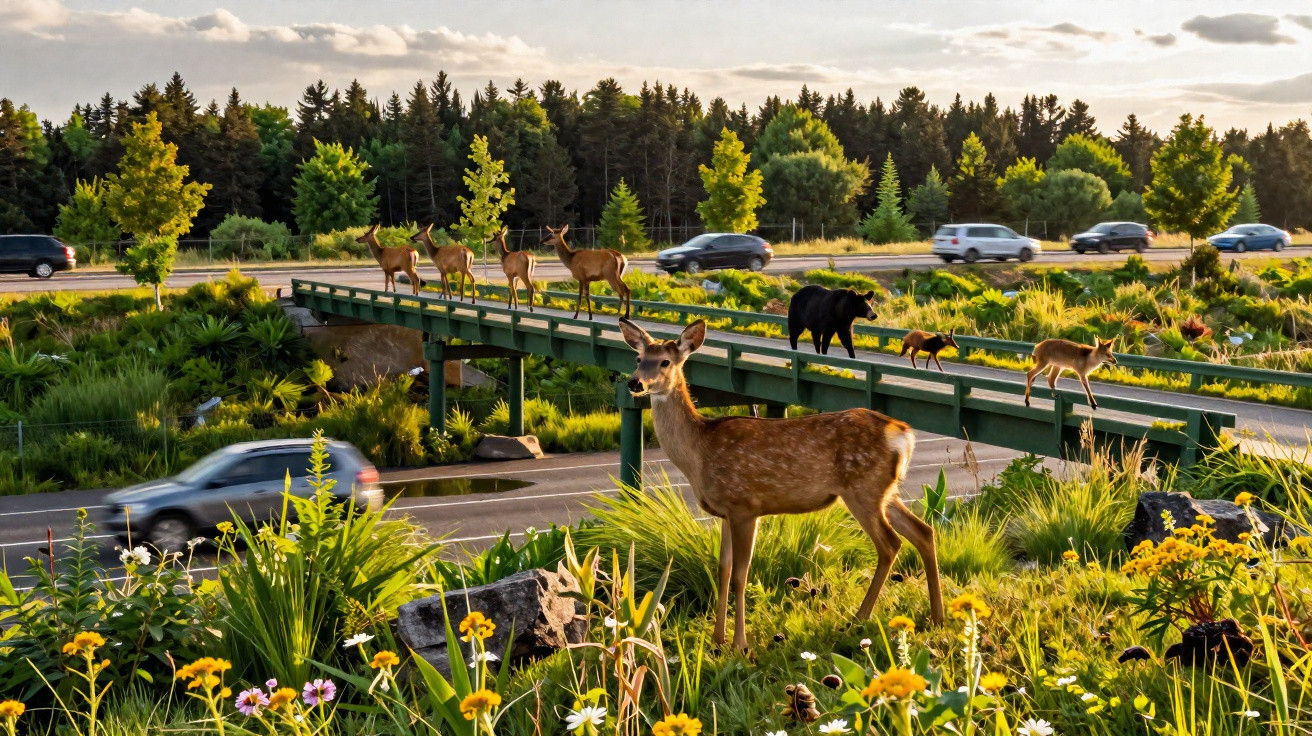 Deer and a bear crossing a green wildlife overpass above a busy highway surrounded by greenery and wildflowers.