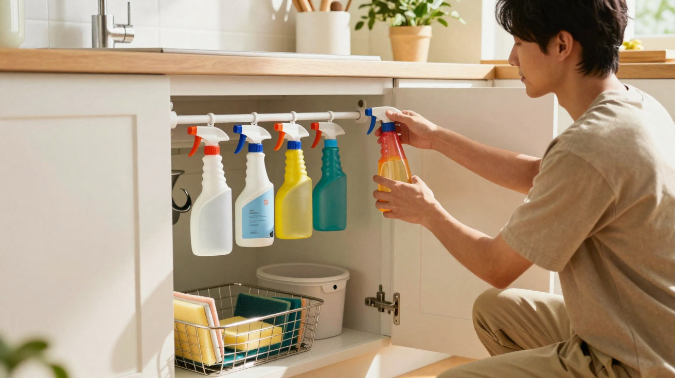 Person organising spray bottles hanging inside a kitchen cabinet under the sink.