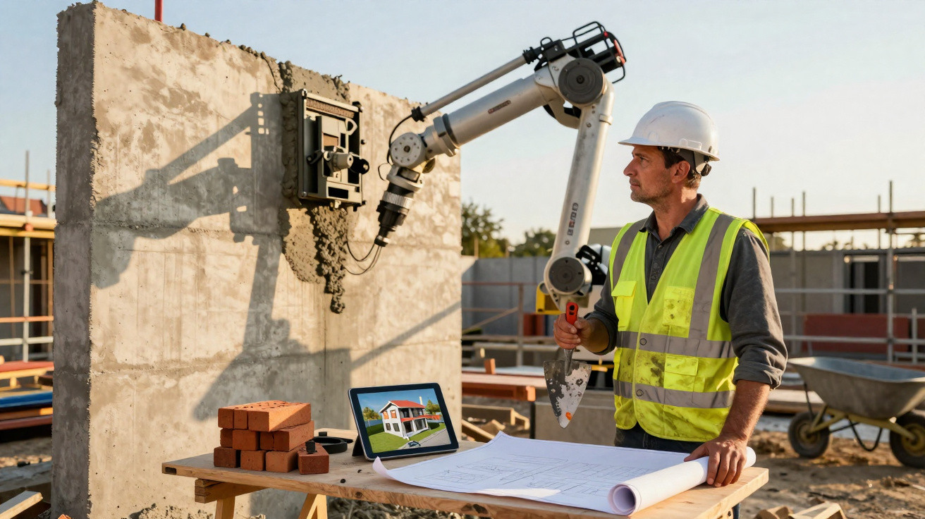 Construction worker with helmet and reflective vest operating a robotic arm on a building site.