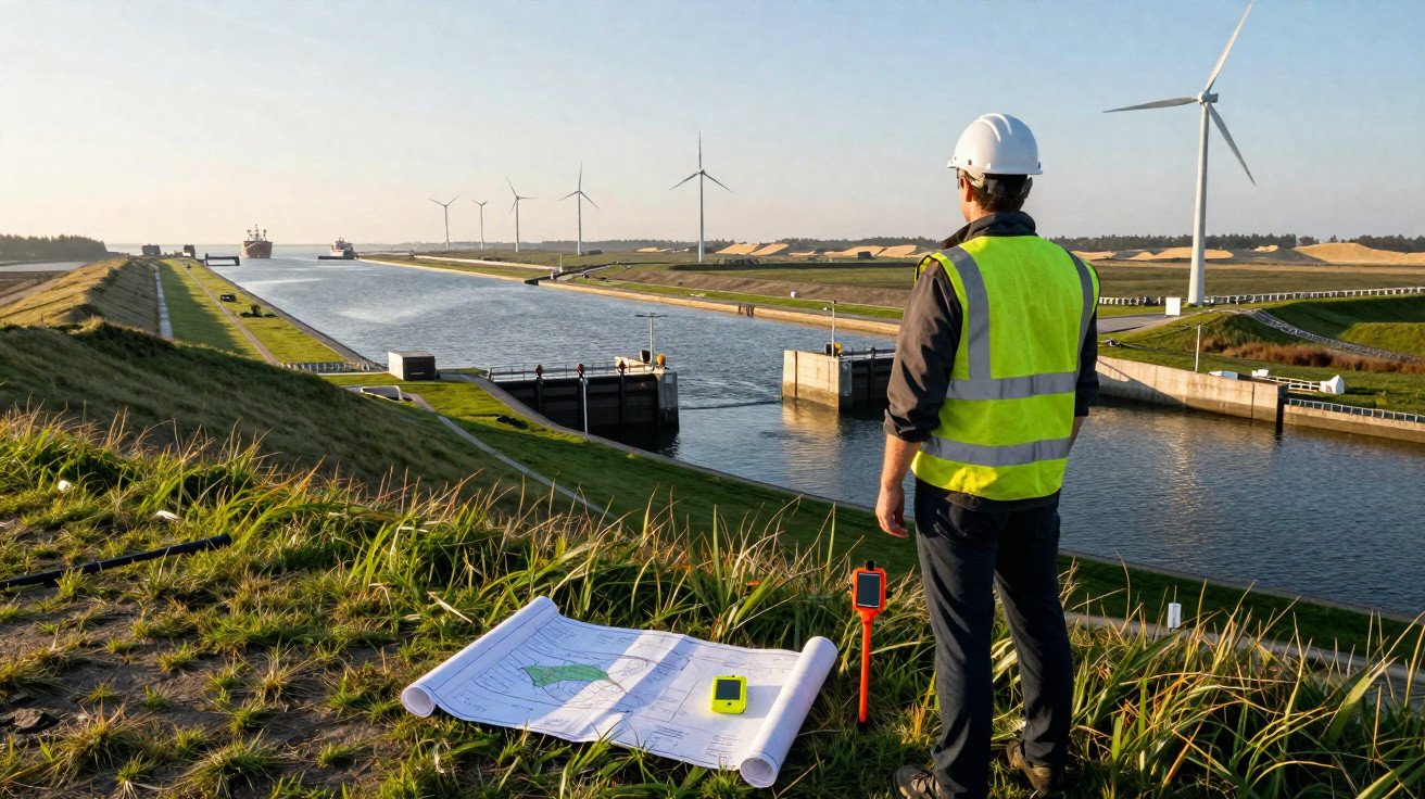 Engineer in high-visibility vest and helmet overlooking canal lock with wind turbines and construction plans on grass.