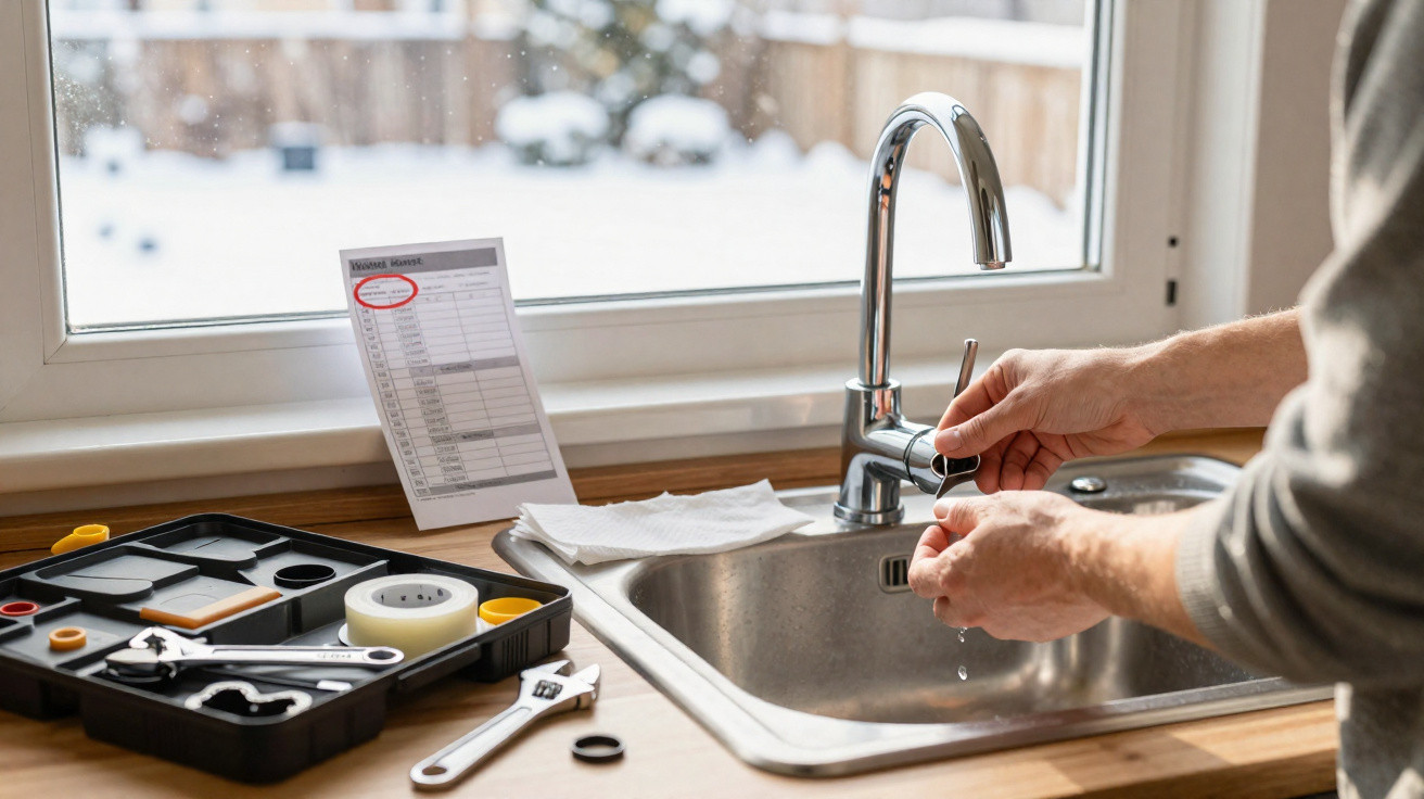 Person adjusting a kitchen tap near a sink with plumbing tools and a checklist on the counter.