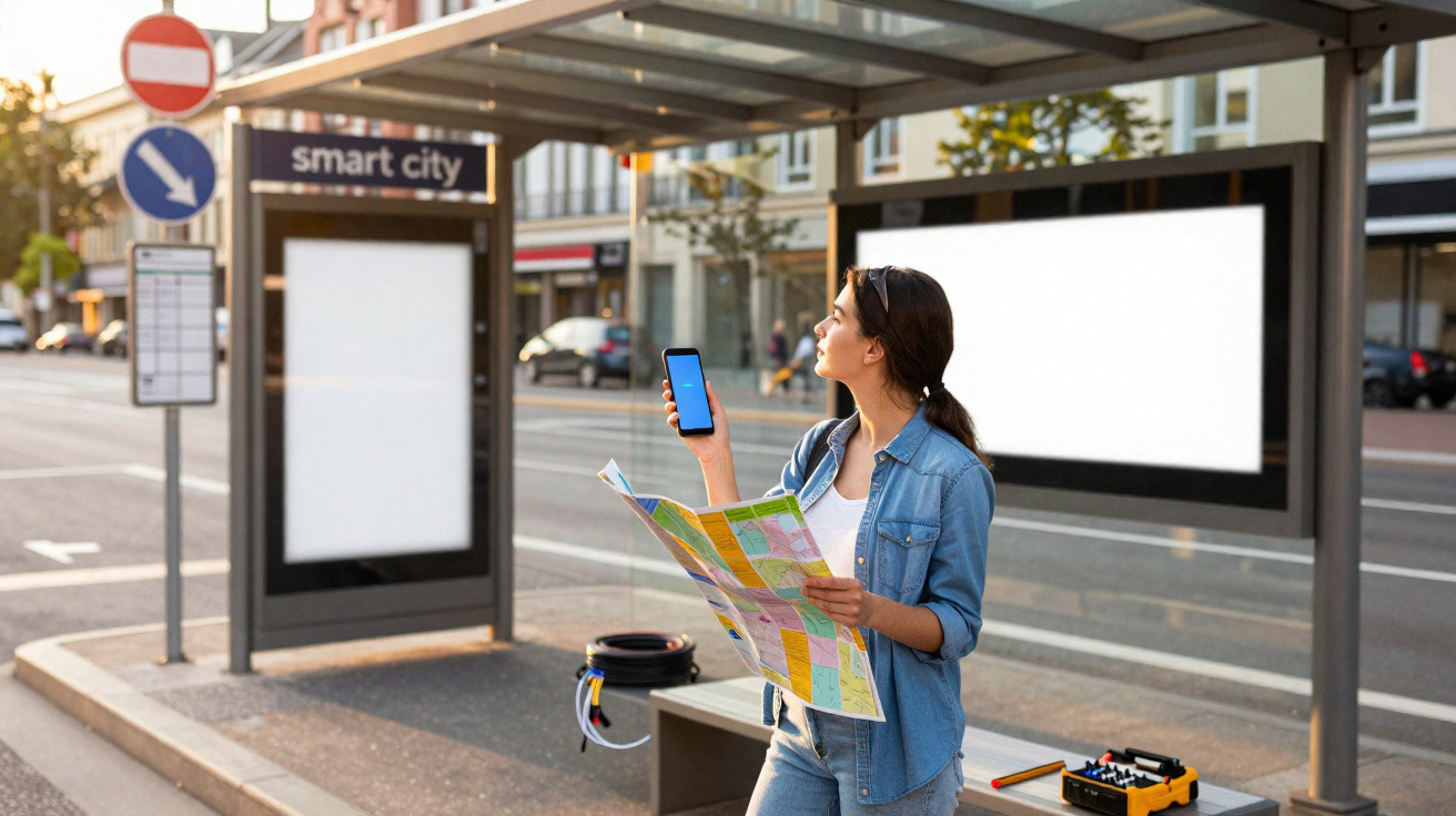 Young woman holding a map and smartphone, looking up at a smart city bus stop shelter on a sunny day.