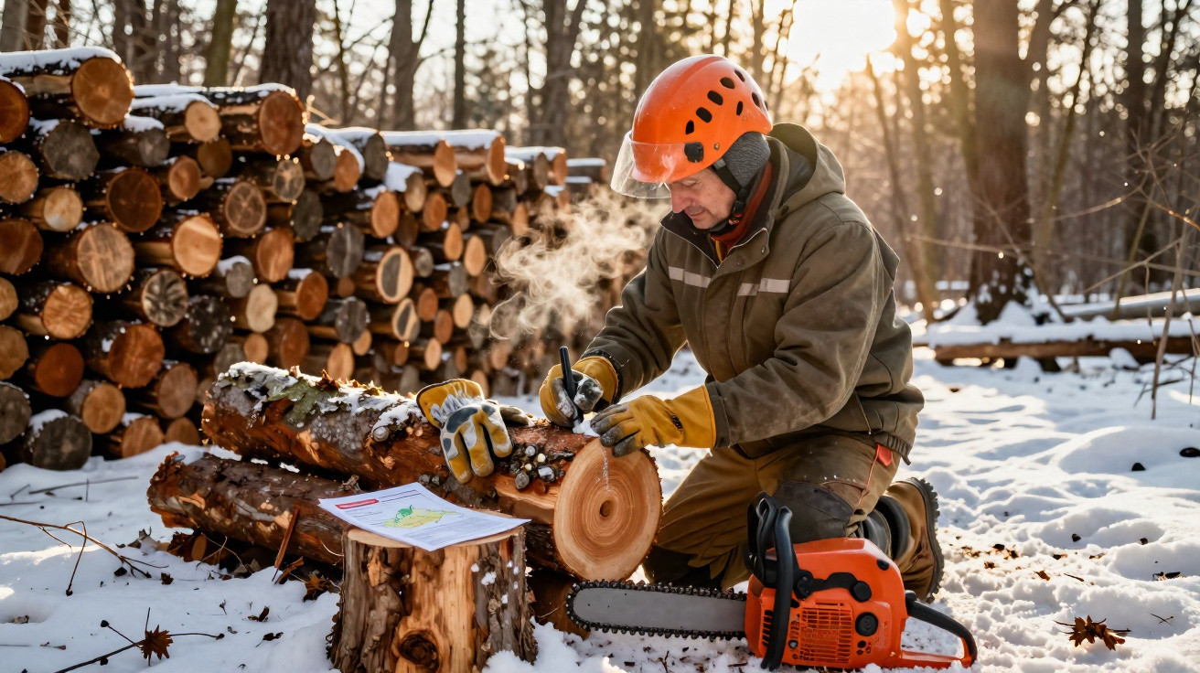 Man in safety gear marking a wooden log in a snowy forest with stacked logs in the background.