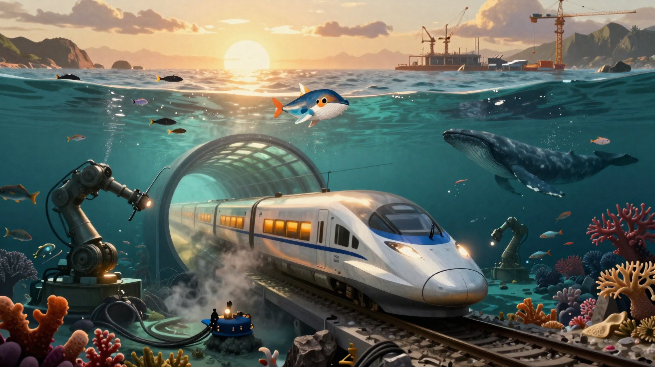 Futuristic train emerging from underwater tunnel with sea creatures, coral reefs, and robotic arms at sunset.