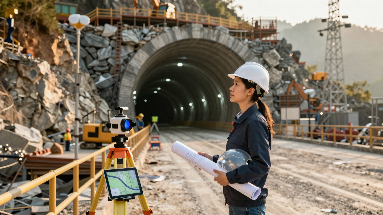 Female engineer in safety helmet holding blueprints at a tunnel construction site with surveying equipment nearby.