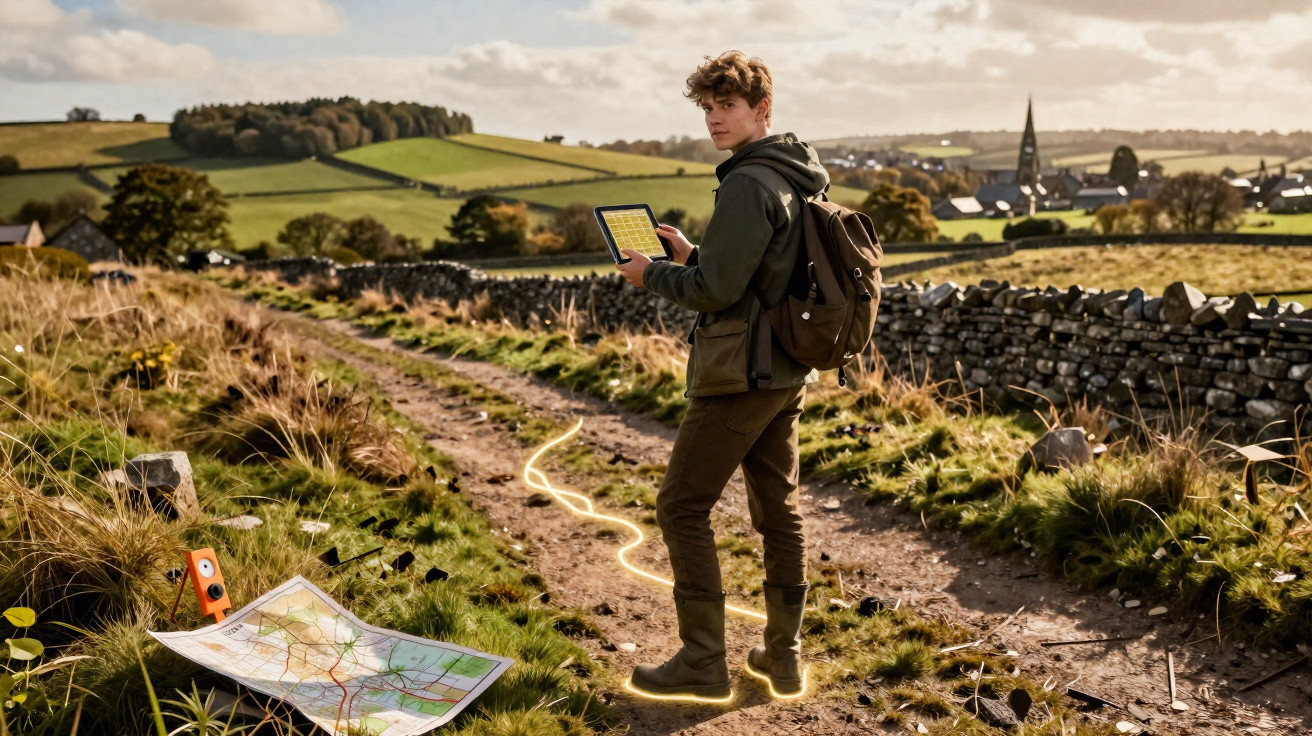 Young man with backpack using tablet on countryside path with map and village in the distance at sunset.