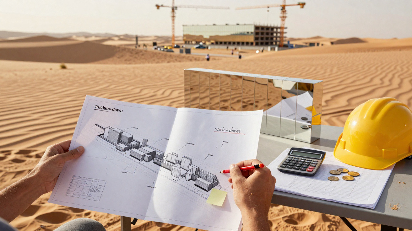 Hands holding architectural plans with a construction site and desert in the background, showing a yellow hard hat.