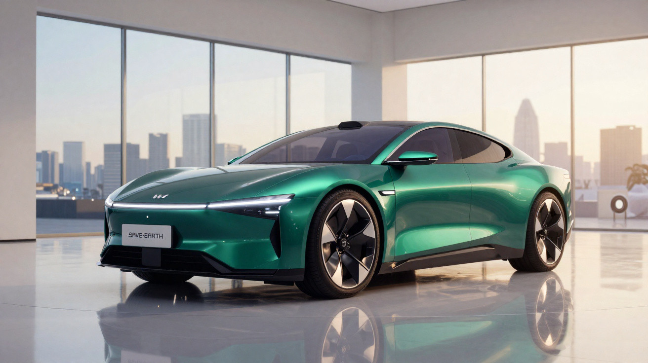 Sleek green electric car with modern design in a spacious showroom with city skyline visible through large windows.