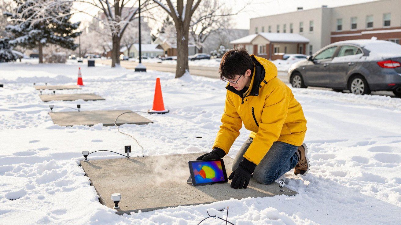 Person in a yellow jacket kneeling in snow, using a tablet to monitor heat on concrete slabs.
