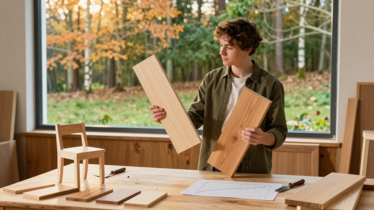 Young man examining wooden planks while building a small chair in a workshop with autumn view outside.