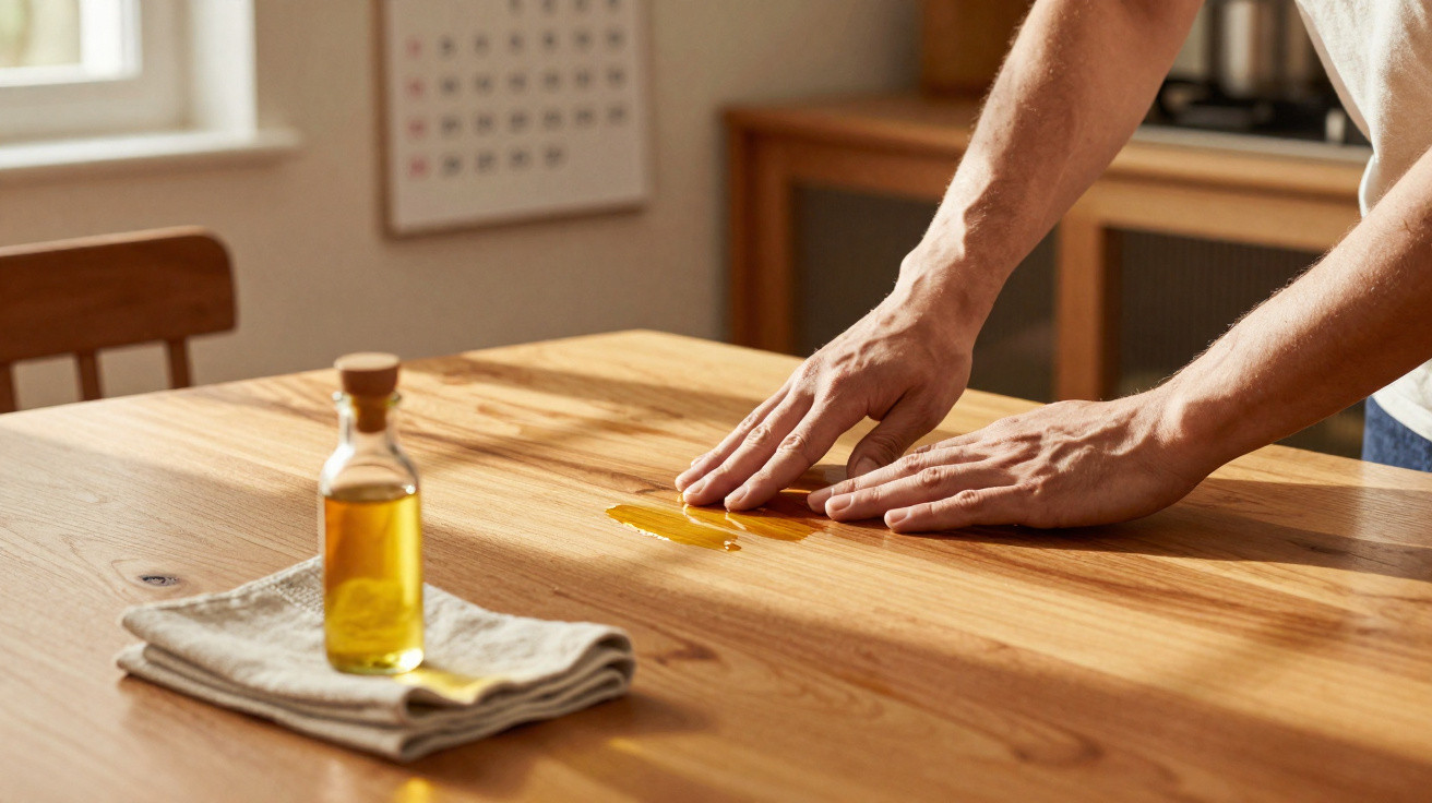 Person cleaning a wooden table with spilled liquid and a bottle of oil on a cloth nearby in a sunlit room.