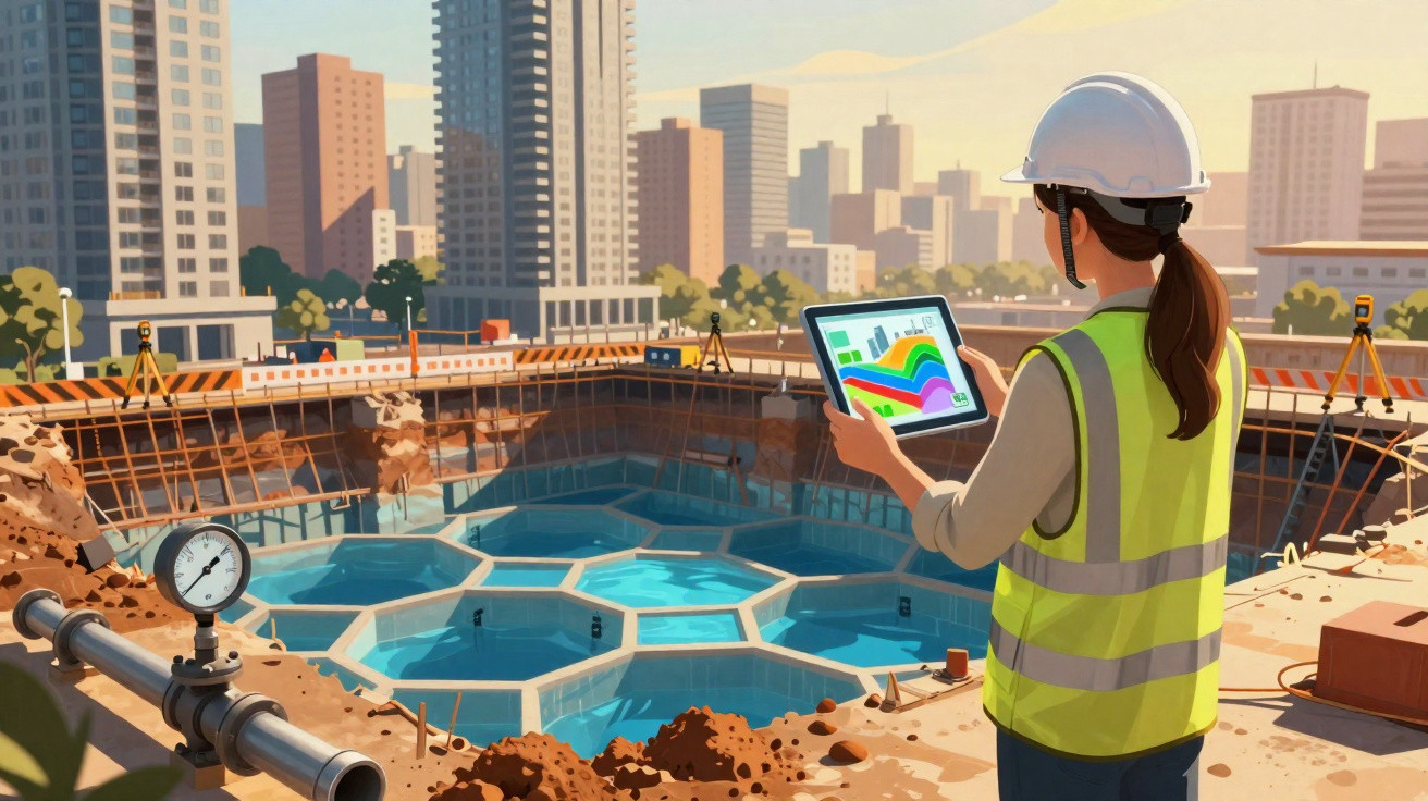 Engineer in hard hat and high-visibility vest using tablet to monitor water system at urban construction site.
