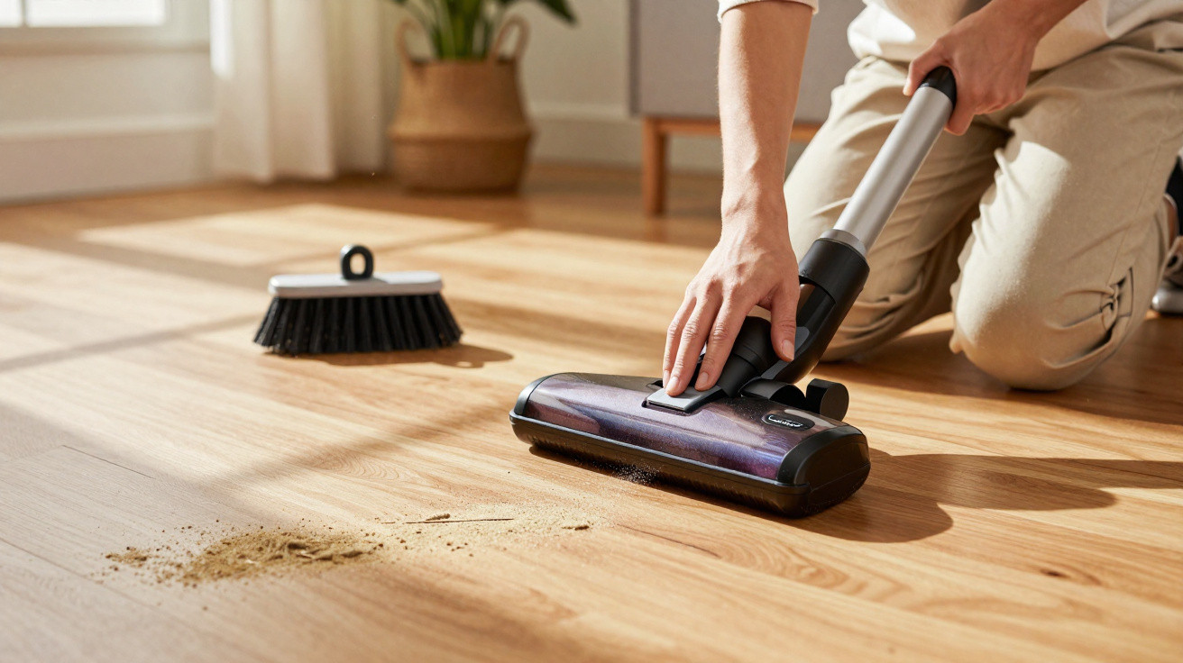 Person using a cordless vacuum to clean dirt from a wooden floor with a handheld broom in the background.