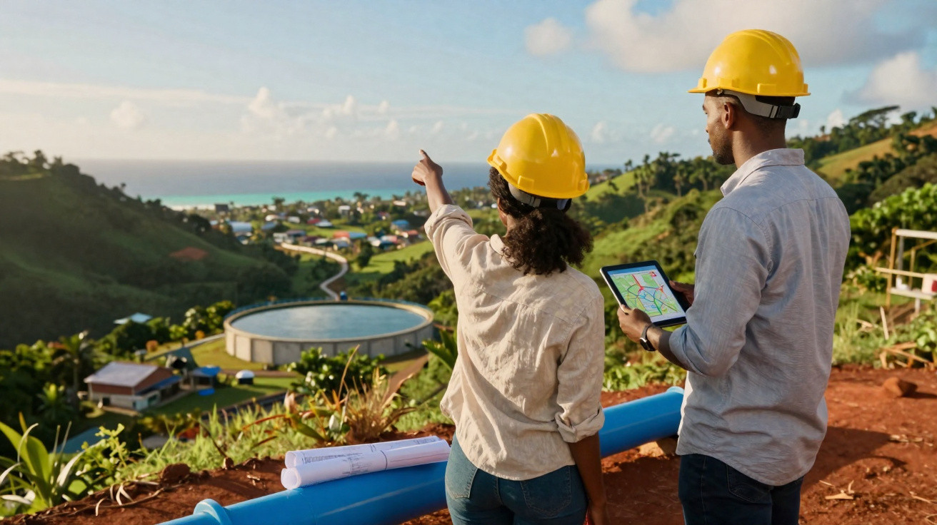 Two engineers in hard hats overlooking a water facility and village in a green hilly landscape.