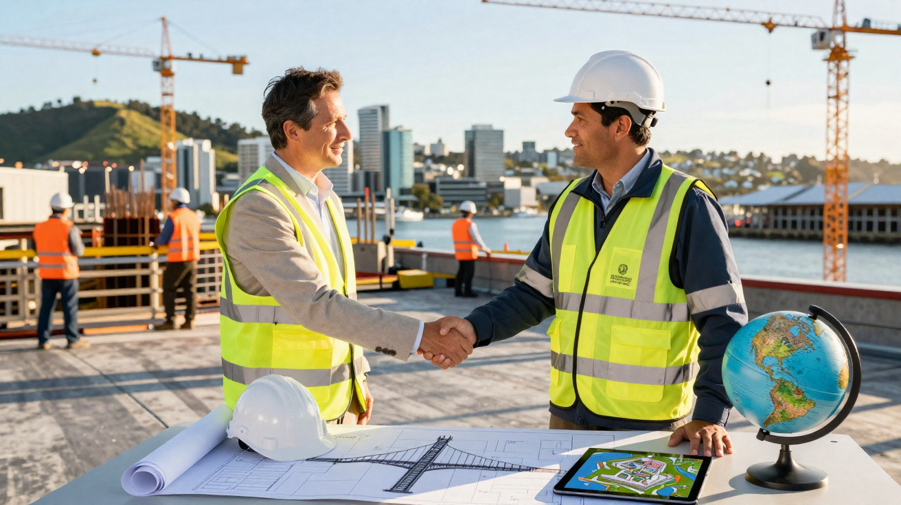Two construction professionals shaking hands at a site with blueprints, a helmet, tablet, and globe on the table.