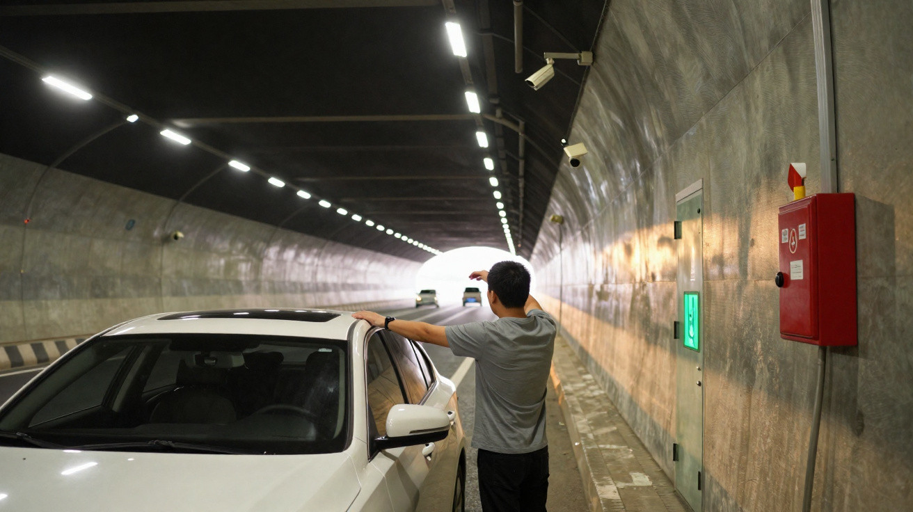 Man standing beside white car in lit tunnel with emergency equipment on wall