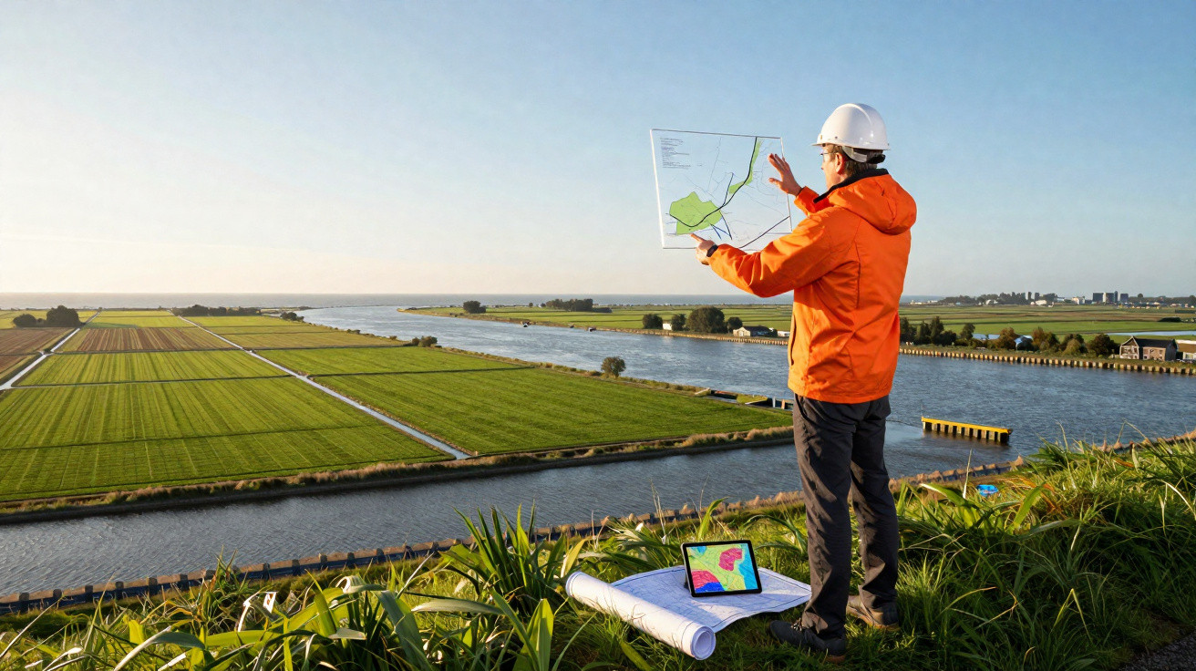Engineer in helmet and orange jacket examining a transparent map overlooking a river and green farmland at sunset