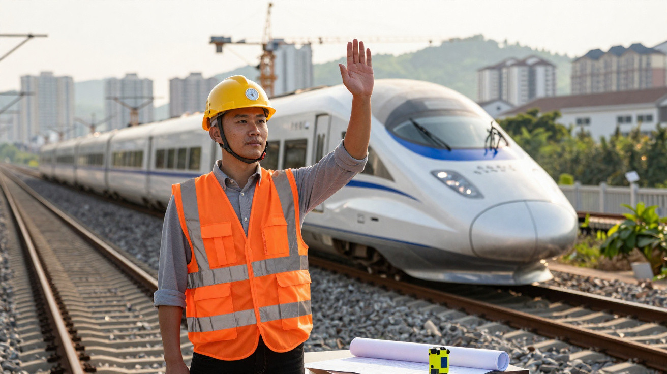 Railway worker in high-visibility vest and helmet signaling near a modern white high-speed train on tracks.
