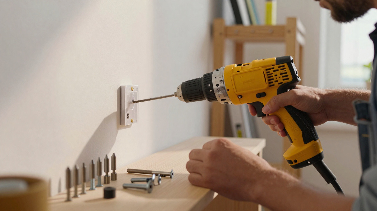 Person using a yellow power drill to fix a wall socket cover with screws on a wooden surface nearby.