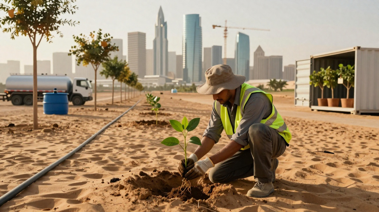 Man in safety vest planting young tree in sandy soil with city skyline in background on a clear day
