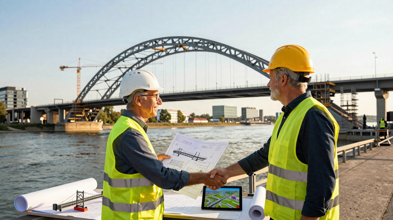 Two engineers wearing safety helmets and vests shake hands by a river with bridge plans and models on a table.