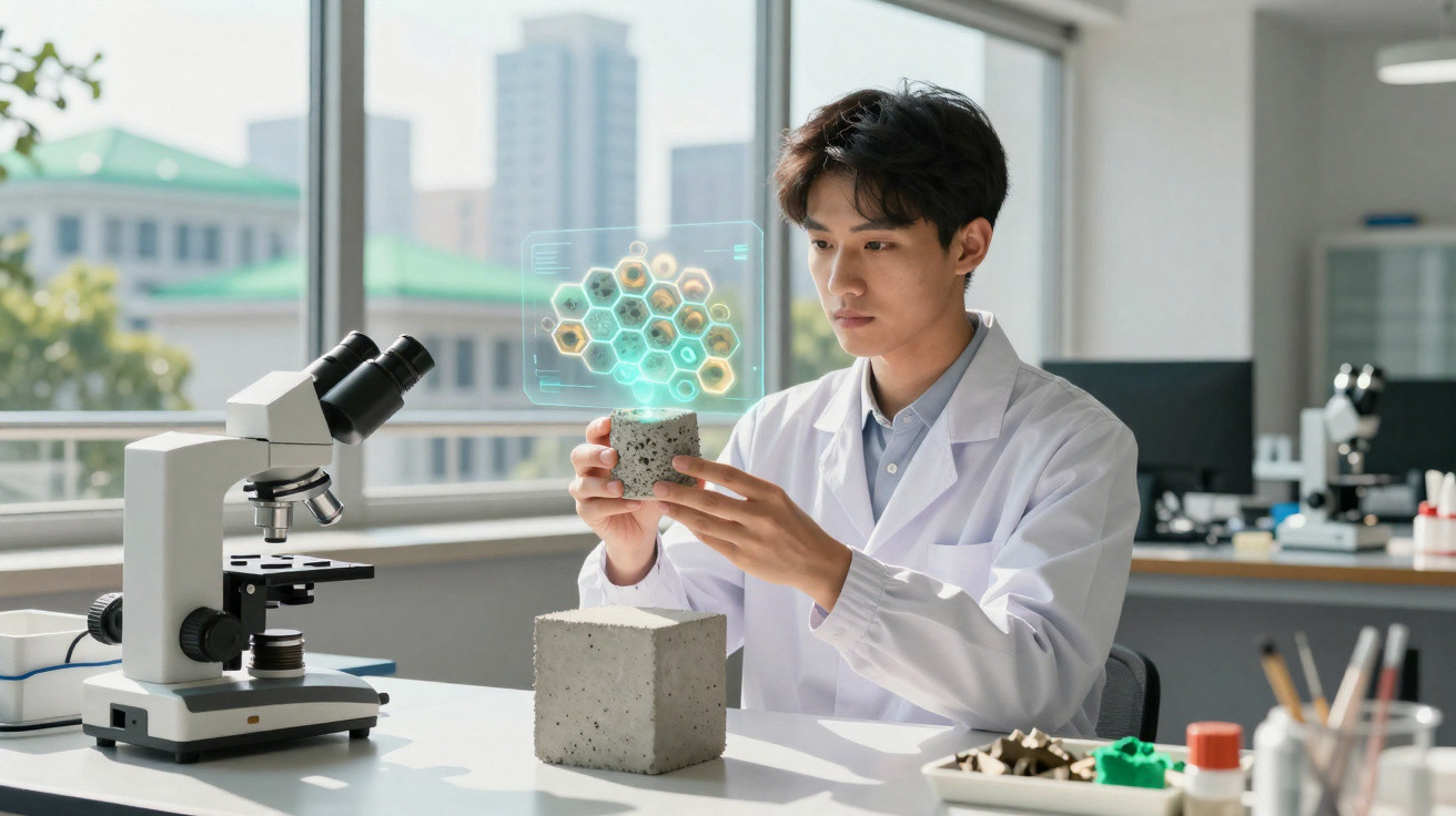 Scientist in a lab coat analysing a concrete sample with a digital molecular structure hologram.