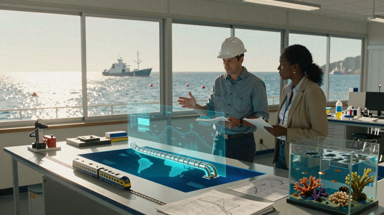 Two engineers discuss a futuristic pipeline model with a train, hologram, and ocean view at a desk.