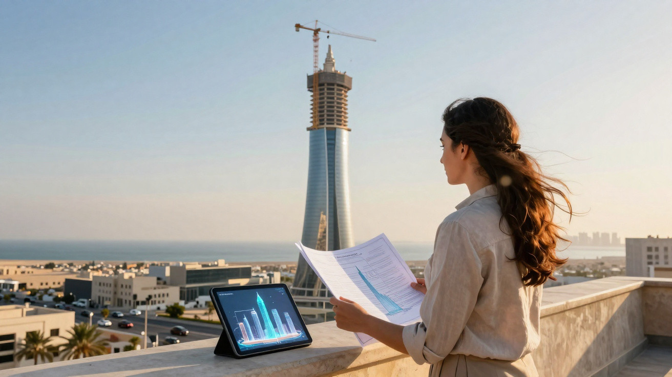 Woman analysing building plans with tablet and documents overlooking cityscape and skyscraper under construction at sunset
