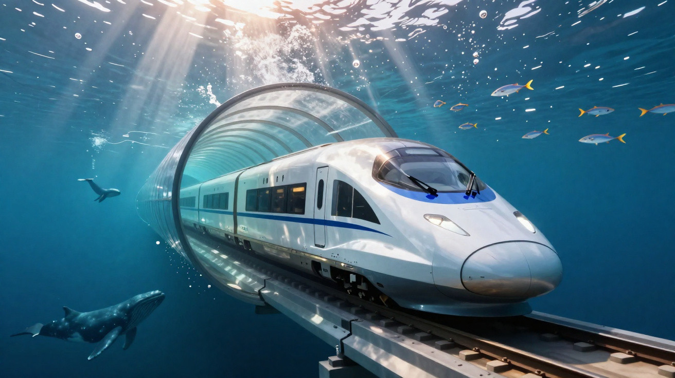 High-speed train travelling through an underwater glass tunnel surrounded by fish and marine life.
