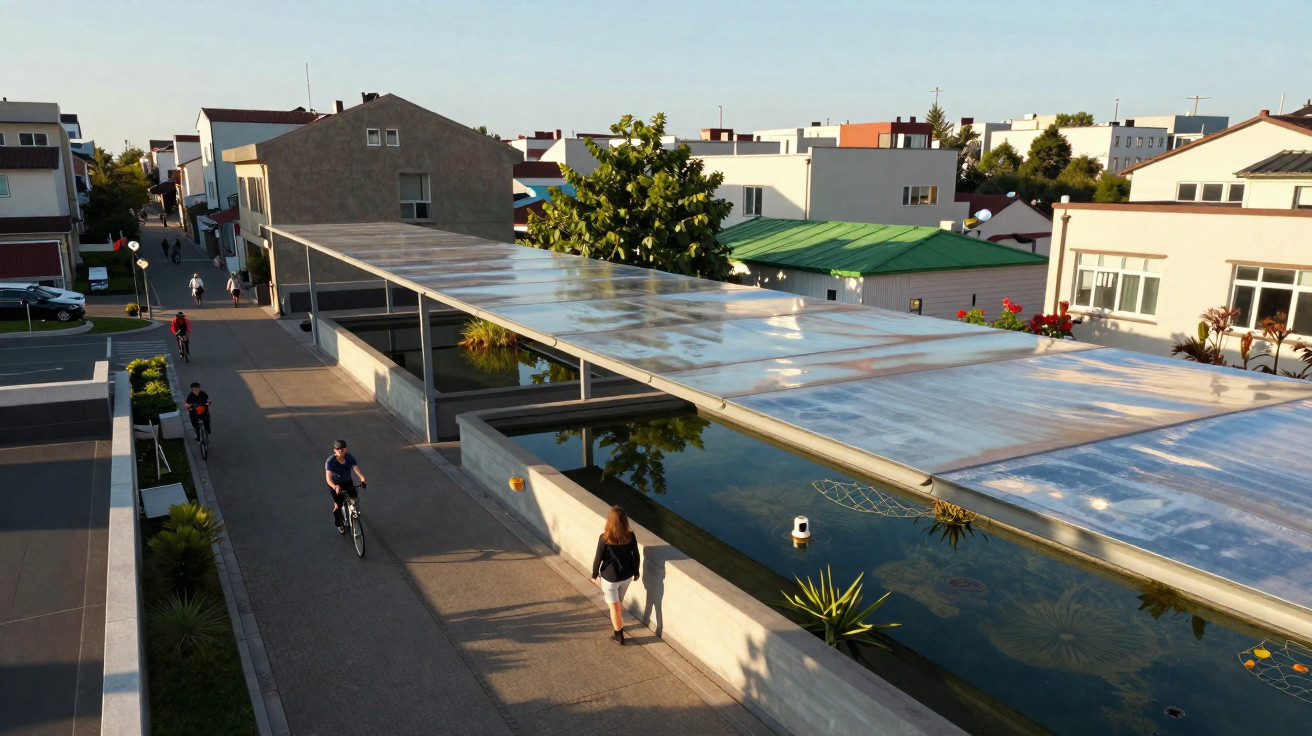 People cycling and walking along a modern street with a covered walkway and a reflecting pool on the right.