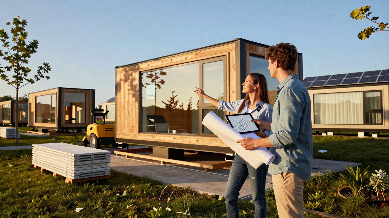 Two architects discussing plans outside modern modular wooden homes in a sunny, green setting.