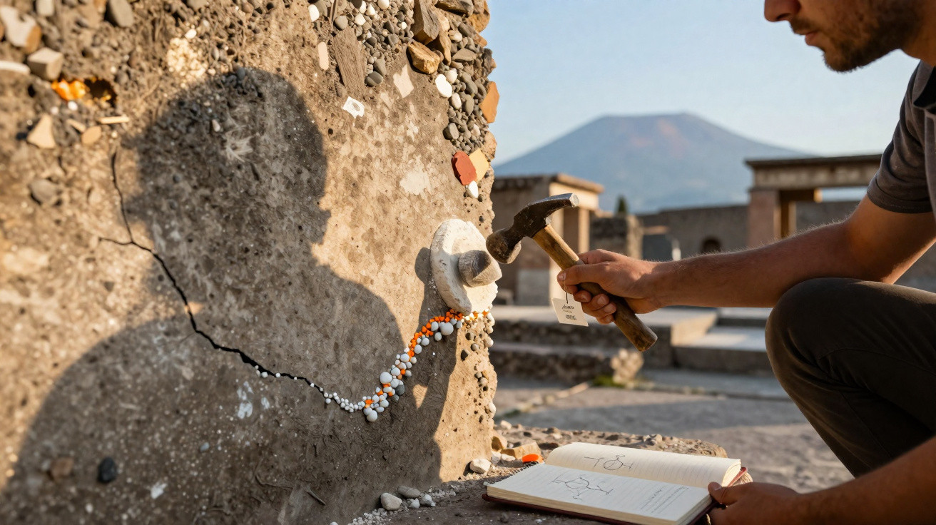 Person holding hammer near an ancient wall with colourful stones and a notebook, with a mountain in the background