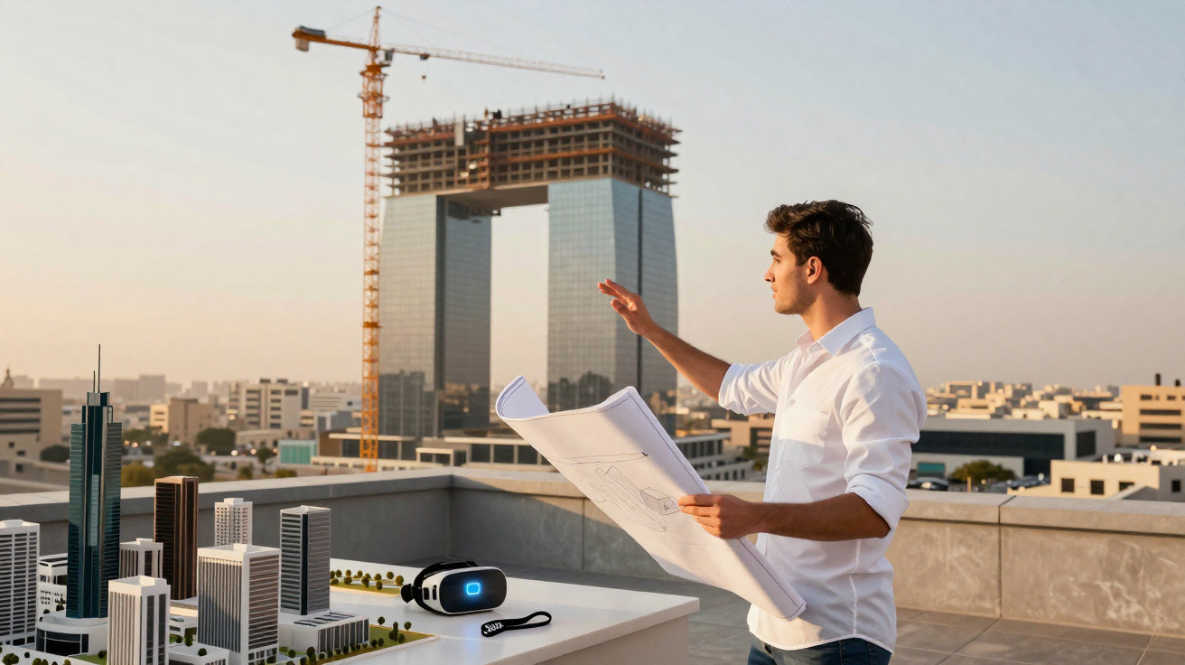 Architect examining blueprints on rooftop with city models and VR headset, construction site in background at sunset.