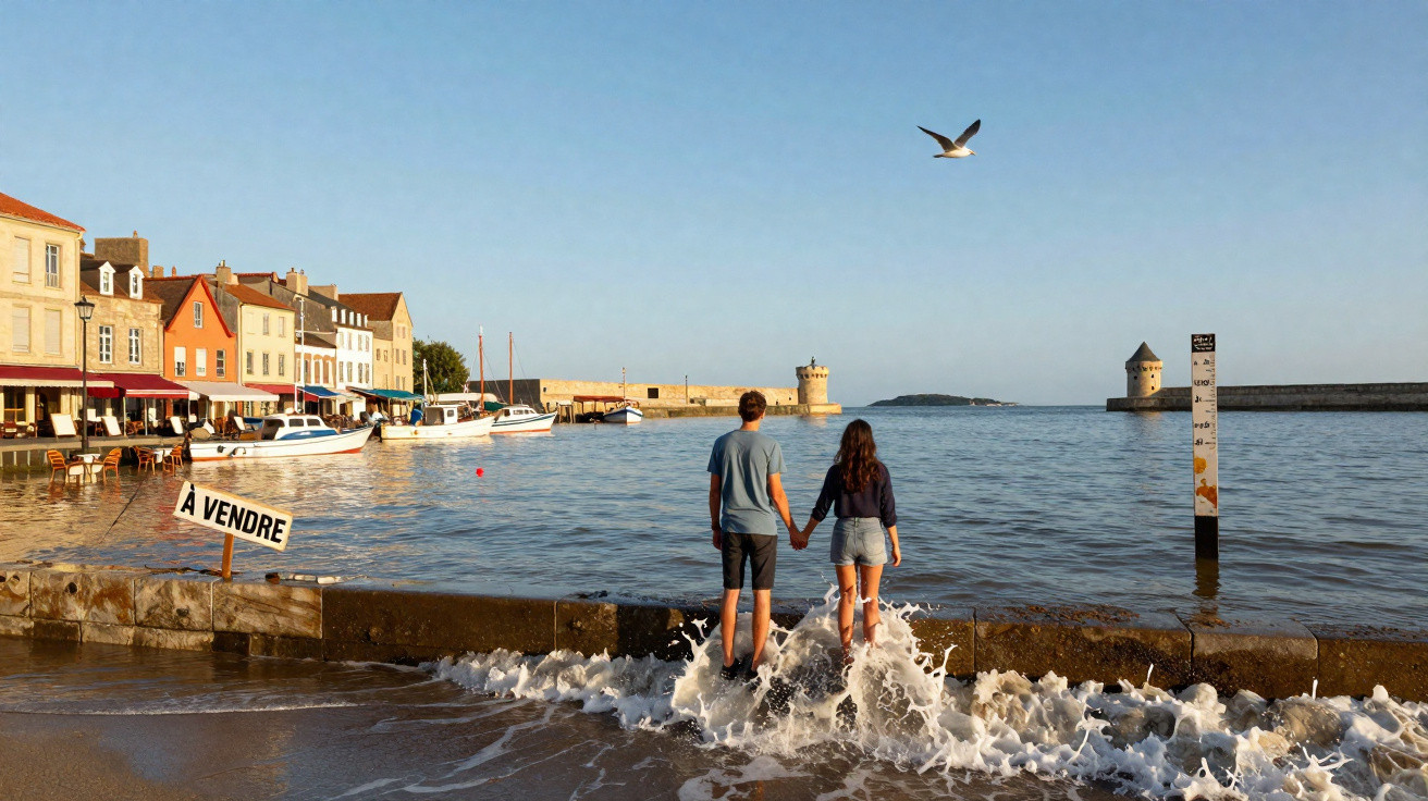 Couple holding hands standing in shallow waves by harbour with colourful houses, boats, sea gates and a seagull overhead.