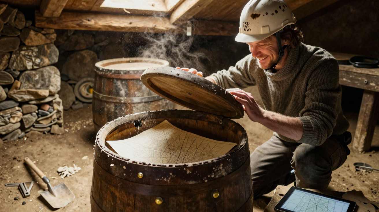 Man in helmet opening steaming wooden barrel with map inside in rustic attic space