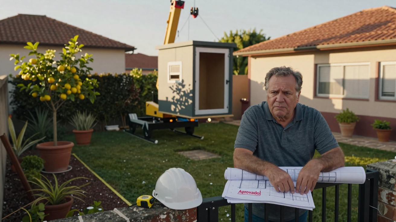 Man leaning on a gate holding building plans with a crane lifting a small structure in the background.