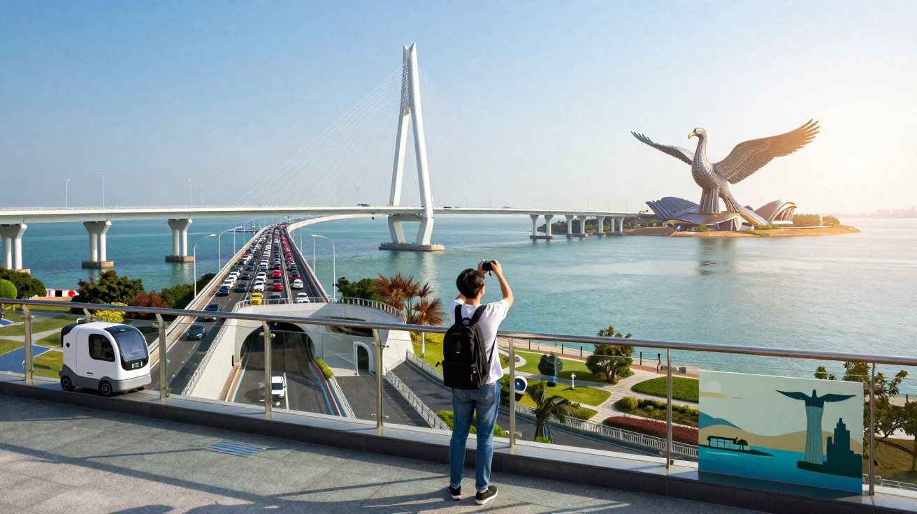 Person taking photo of large bird statue near cable-stayed bridge over calm water on sunny day