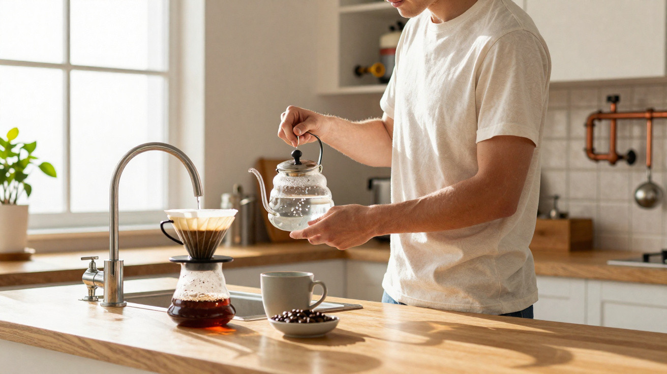 Person pouring hot water from a kettle into a coffee dripper on a kitchen counter with coffee beans and a mug nearby.