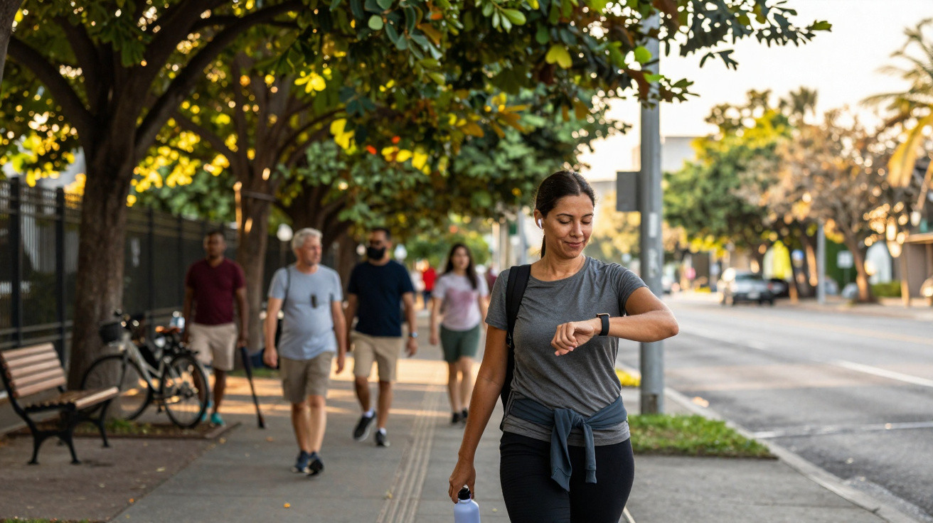Woman in sportswear checks smartwatch while walking on tree-lined urban sidewalk with people in the background.
