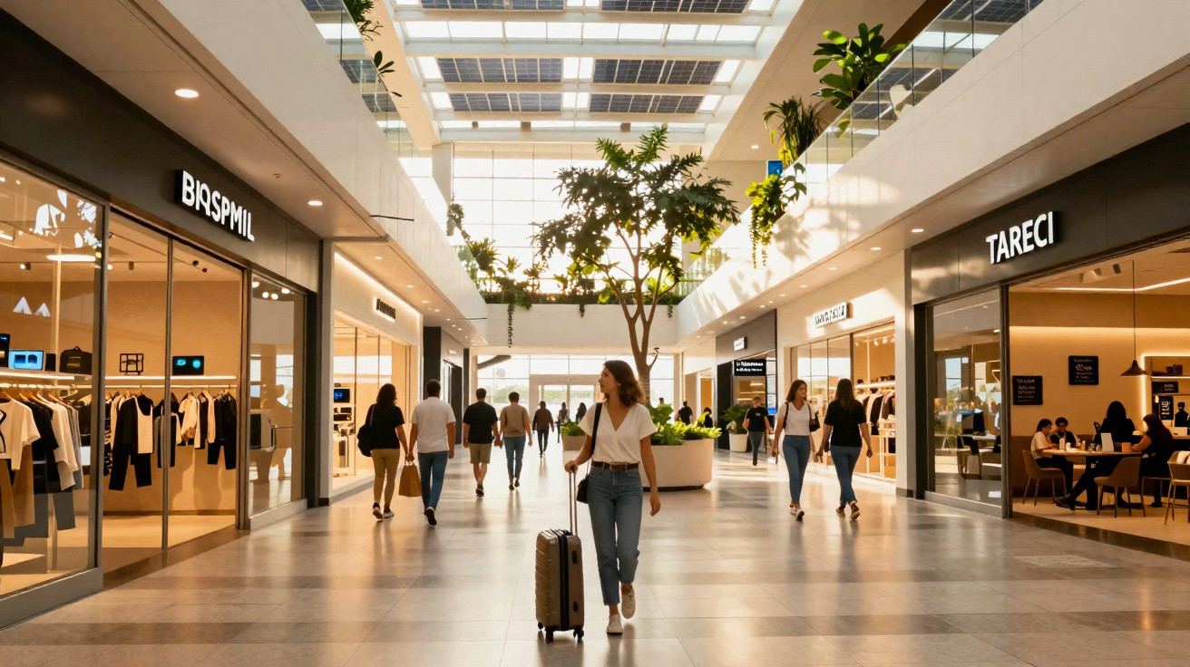 Shoppers walking and browsing in a modern, sunlit mall with shops, plants, and high ceilings.