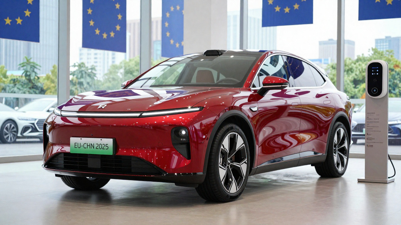 Red electric SUV displayed indoors with European Union flags and a charging station nearby.