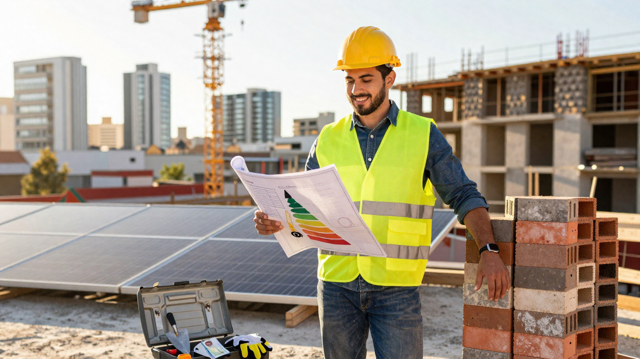 Construction worker with safety gear reading blueprints by solar panels at a building site.