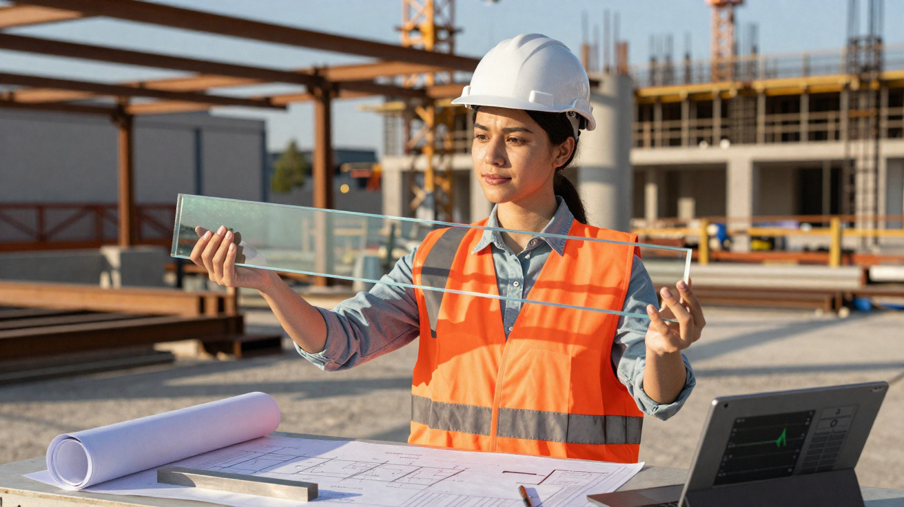 Female construction worker in a helmet and orange vest examining a glass panel at a building site with blueprints and laptop.