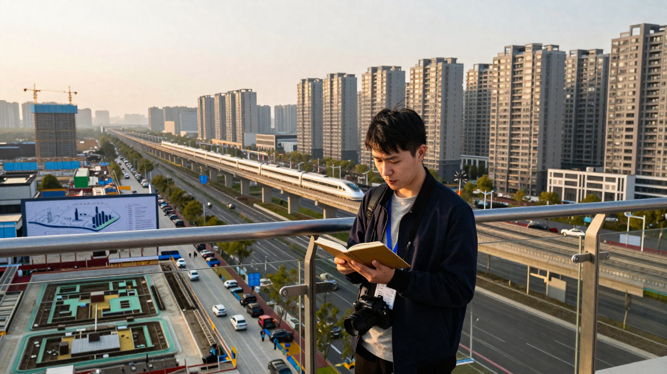 Young man reading a notebook on a rooftop with a camera, overlooking a cityscape and a high-speed train.